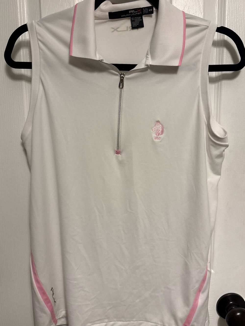 Women's RLX Ralph Lauren White Sleeveless Polo with Pink Trim